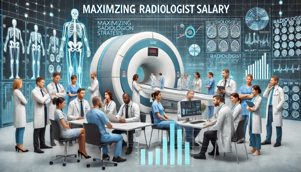 Radiologist reviewing salary benchmarks and continuing education opportunities to maximize salary.