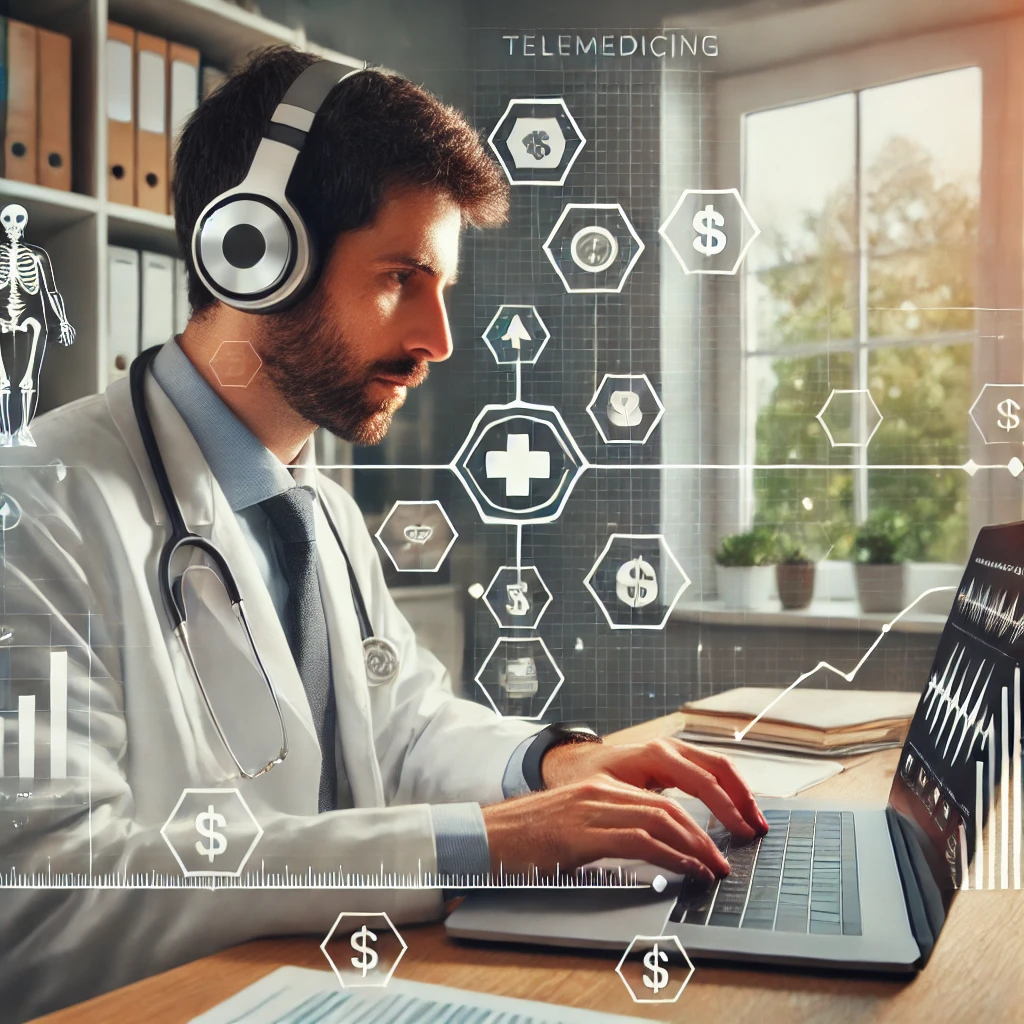 Boost Telemedicine Salary: A doctor conducting a telemedicine consultation, illustrating the setup and technology of telemedicine work to maximize earnings potential.