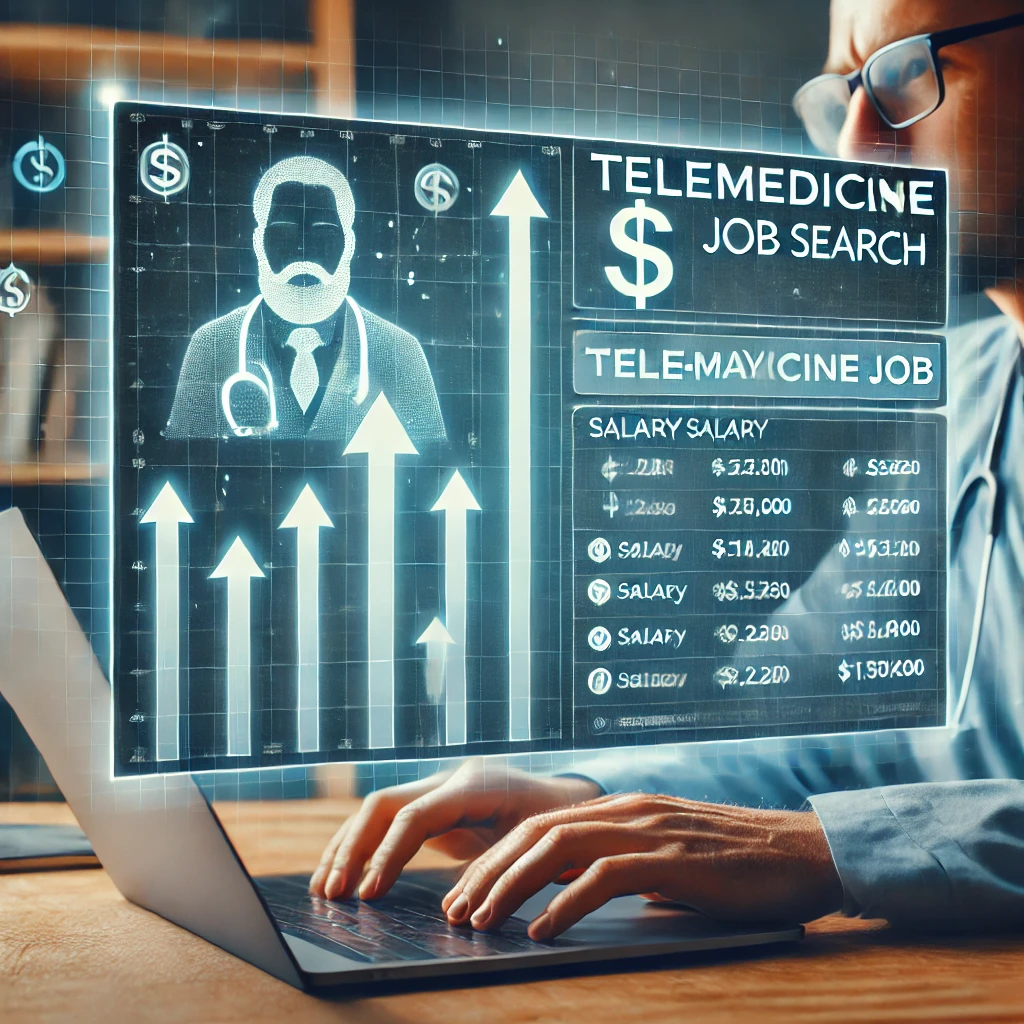 Image of a telemedicine job search interface displayed on a laptop screen, with a healthcare professional in the background analyzing high-paying job Boost Telemedicine Salary: A telemedicine job search interface highlighting high-paying roles and opportunities for telemedicine professionals.