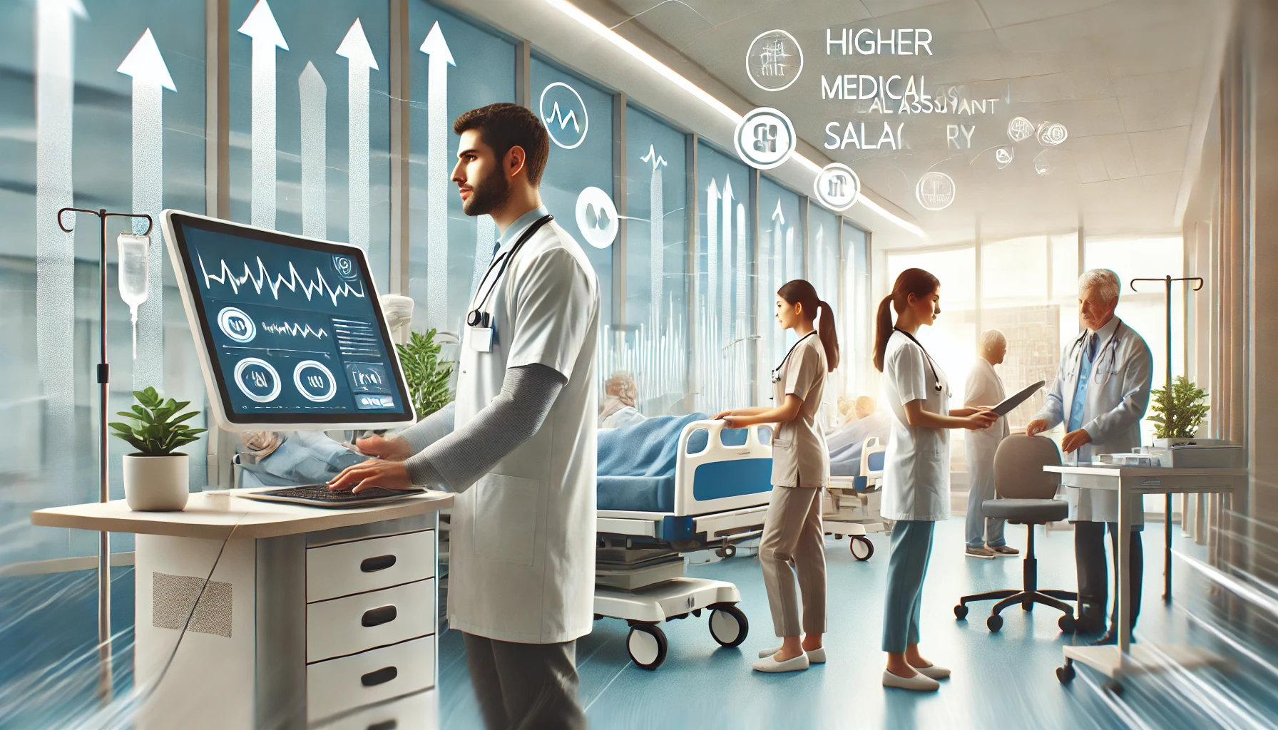 Create a professional, clean, and appealing image for a healthcare blog focused on career and salary increase, with a topic of 'Higher Medical Assista Medical assistant interacting with a patient in a modern hospital setting, with subtle symbols of career growth in the background to highlight the potential for a higher medical assistant salary.