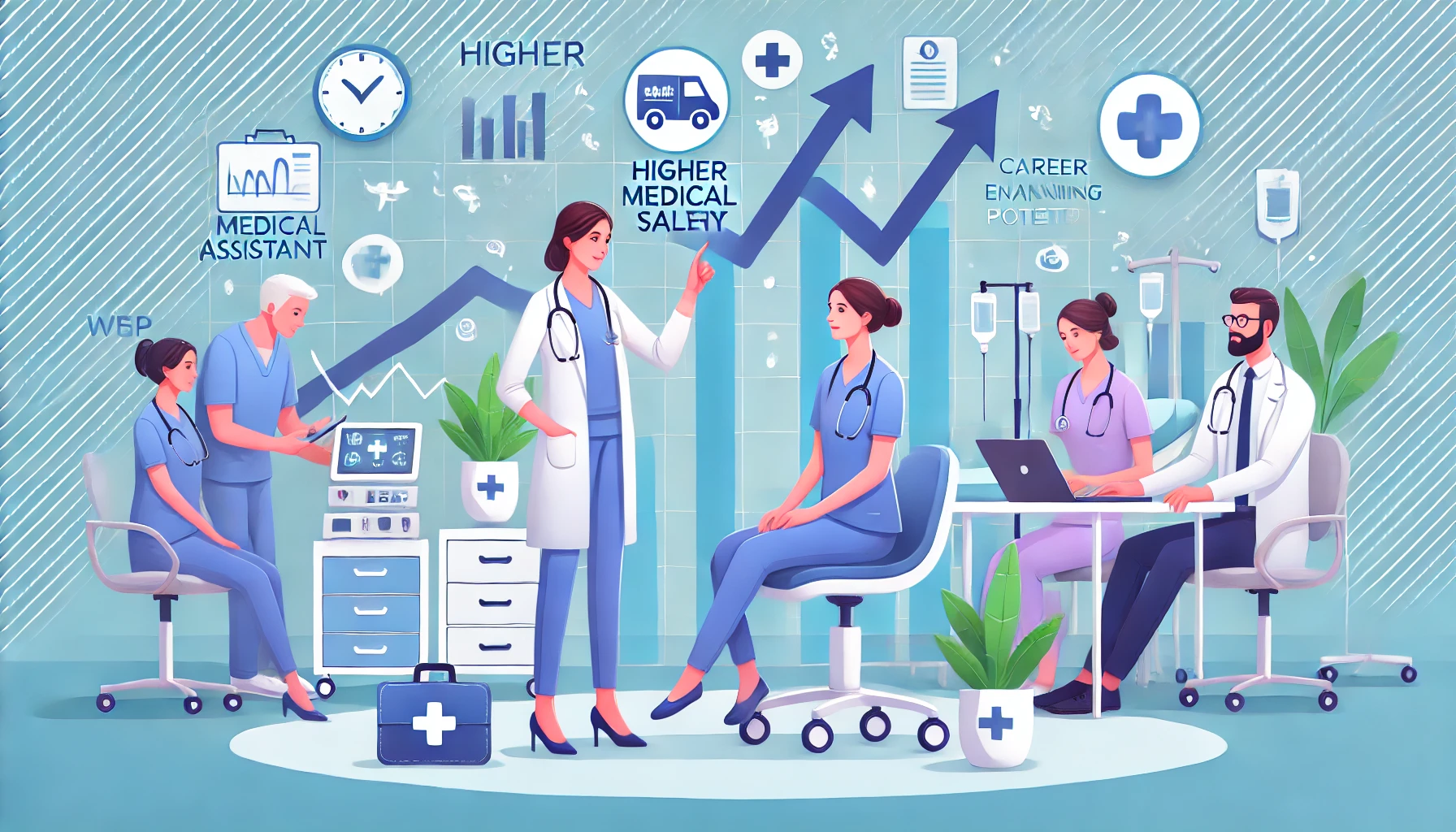 Create a professional, appealing image for a healthcare blog focusing on the theme 'Higher Medical Assistant Salary.' Show medical assistants in a mod Medical assistant performing tasks in a clean, professional hospital environment, with career advancement icons like upward arrows and graphs subtly featured, emphasizing the path to a higher medical assistant salary.