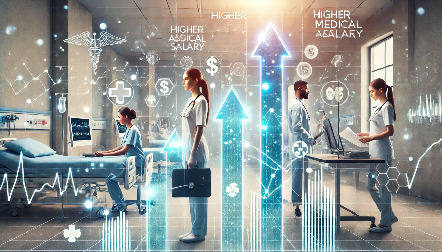 Create a professional, clean, and appealing image for a healthcare blog focused on career and salary increase, with a topic of 'Higher Medical Assista A medical assistant in a healthcare setting, engaging with advanced medical equipment, with background symbols representing salary growth potential, conveying the theme of achieving a higher medical assistant salary.