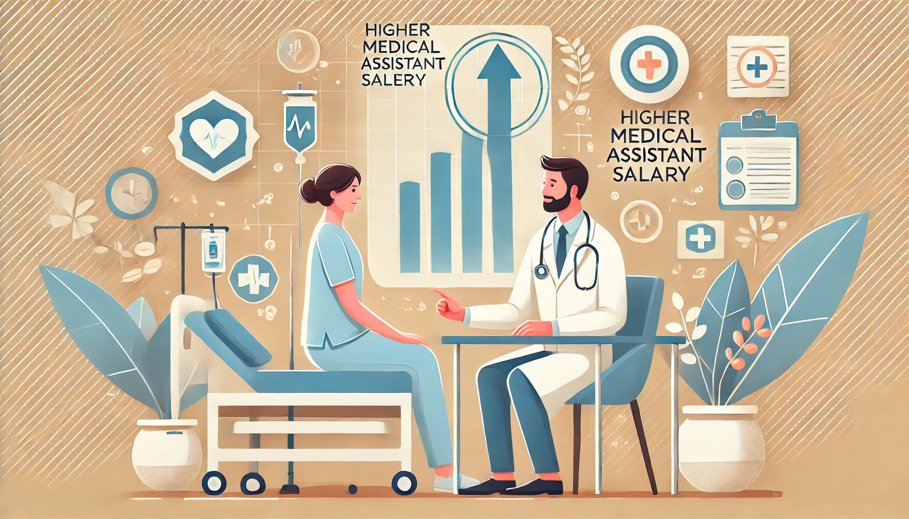 Create a clean, professional, and engaging image for a healthcare blog focused on 'Higher Medical Assistant Salary.' Show a medical assistant in a mod