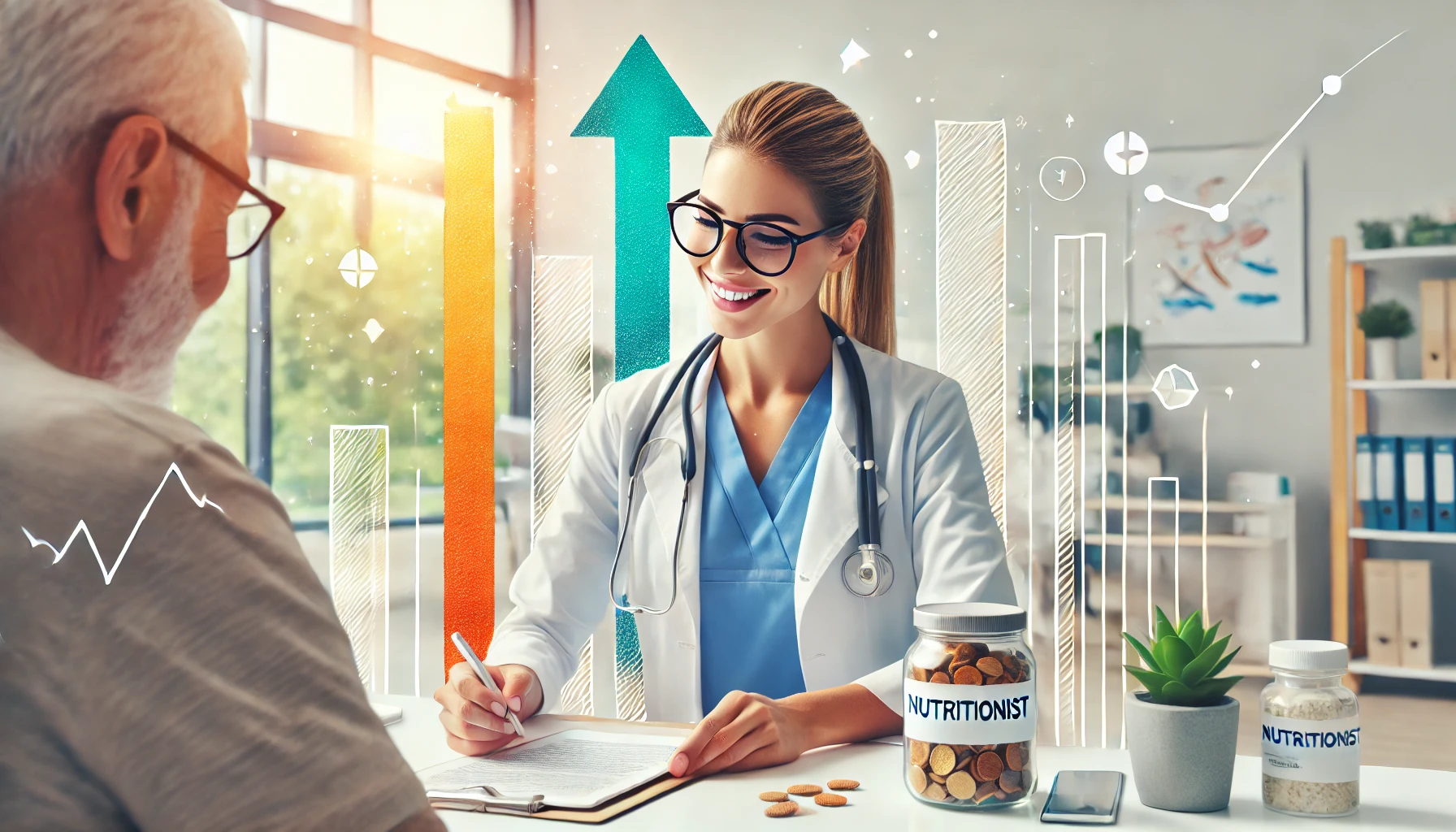 Create a professional, clean, and appealing image focused on the role of a nutritionist for a healthcare blog. Show a nutritionist in a modern hospita Nutritionist in a well-lit clinic, preparing a dietary plan for a patient, with background symbols like upward arrows and graphs suggesting career growth and income potential in nutrition.