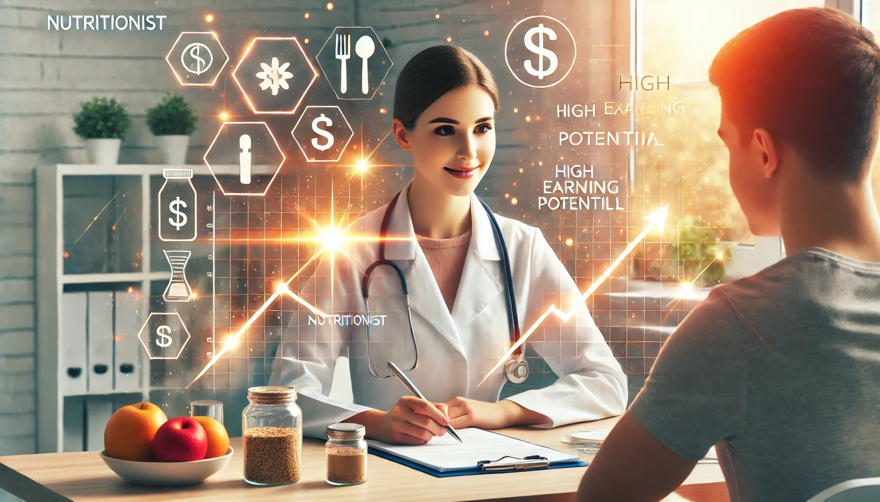 Create a professional and inviting image centered on the role of a nutritionist for a healthcare blog. Show a nutritionist in a modern, well-lit clini Professional nutritionist reviewing nutrition plans in a clinical setting, with subtle growth symbols in the background to highlight the career and salary advancement opportunities in the nutrition profession.