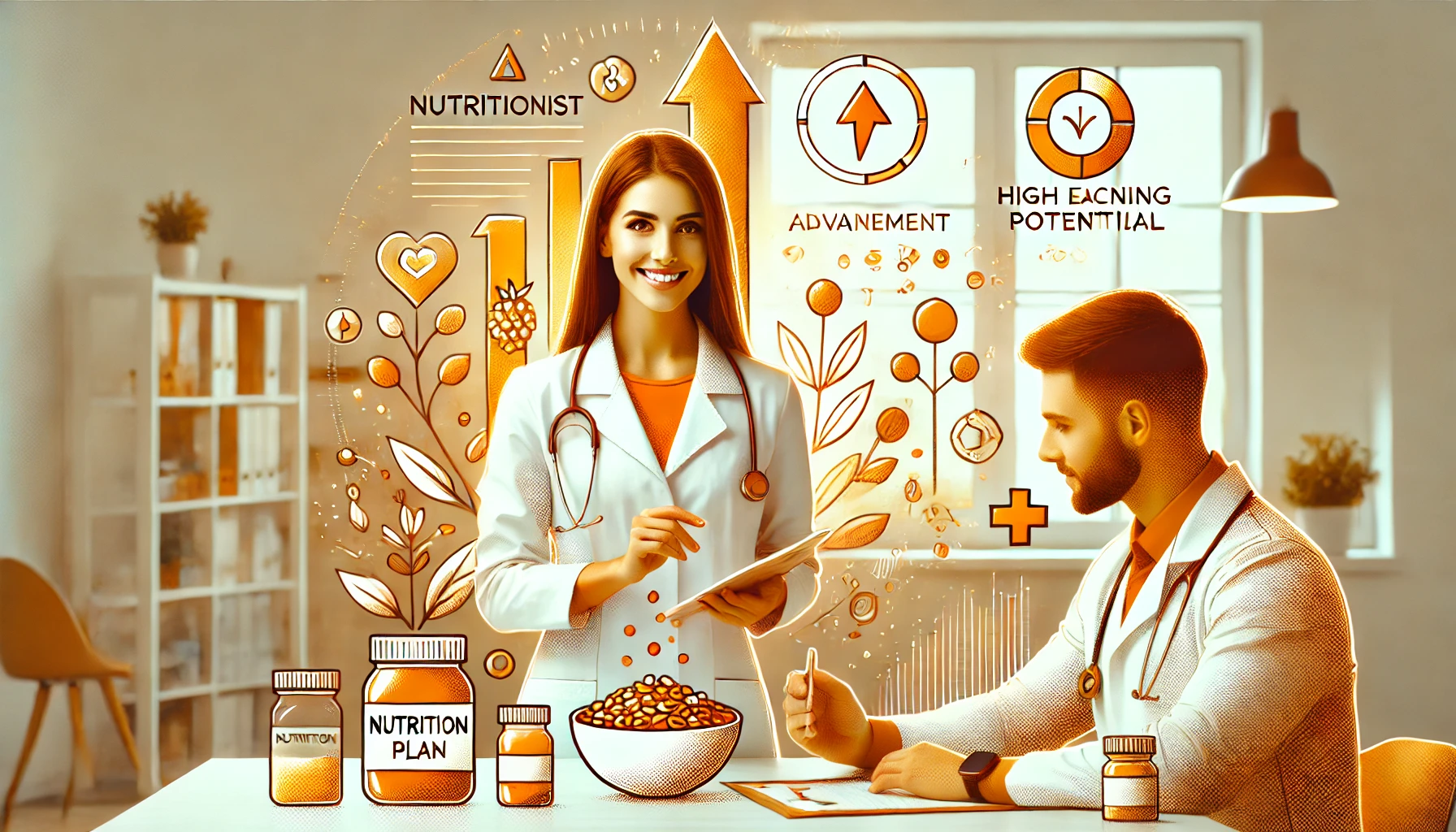 Create a professional, warm, and inviting image focusing on a nutritionist in a modern clinical setting for a healthcare blog. Show the nutritionist a Nutritionist engaged in patient consultation in a modern, welcoming clinic, with background icons like growth charts to convey the potential for career advancement and higher earning as a nutritionist.