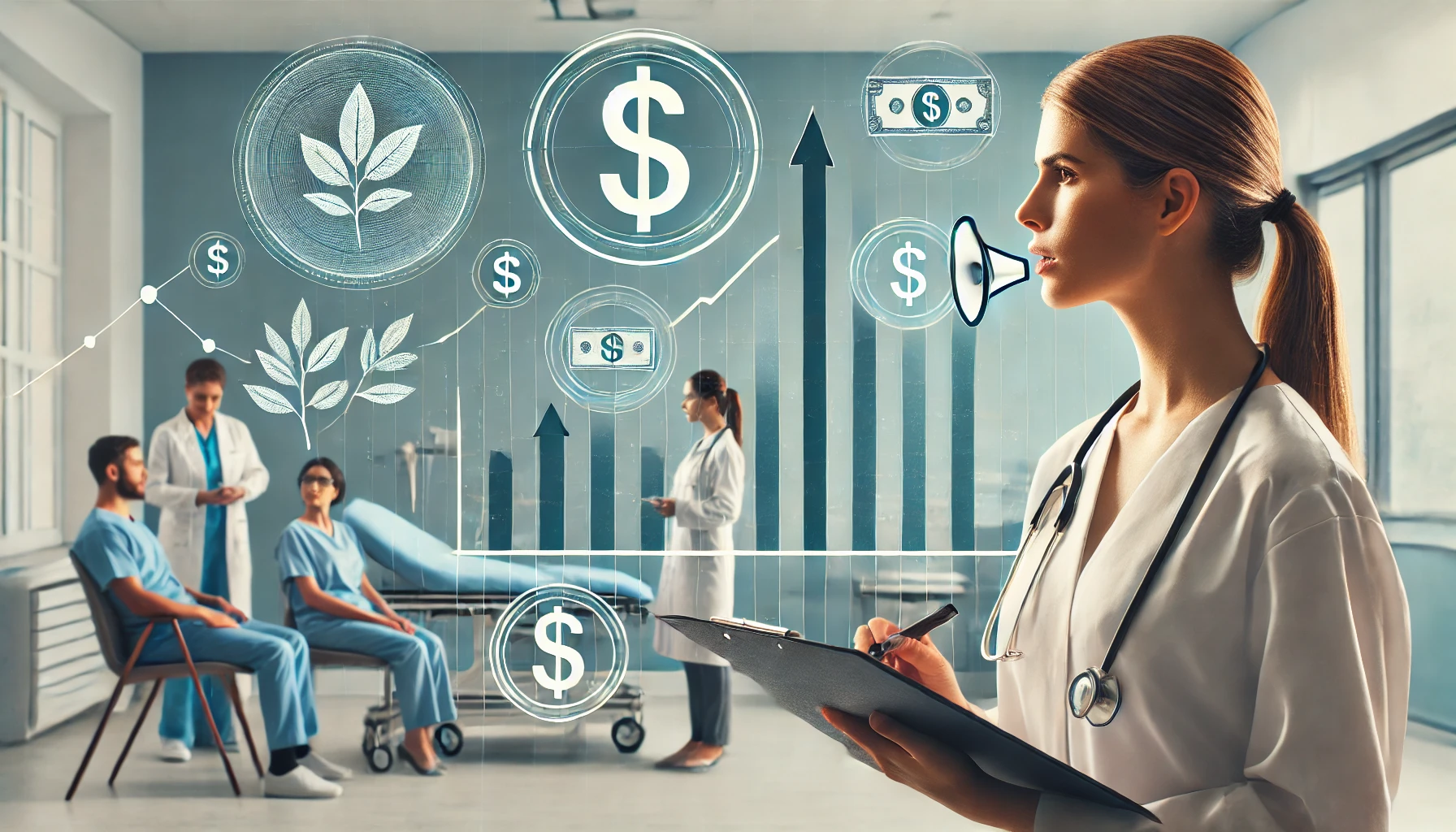A modern hospital setting featuring a professional speech pathologist engaged in patient care. Subtle symbols of career growth, such as a rising graph Speech pathologist discussing treatment with a patient in a modern hospital, showcasing high salary potential in healthcare.