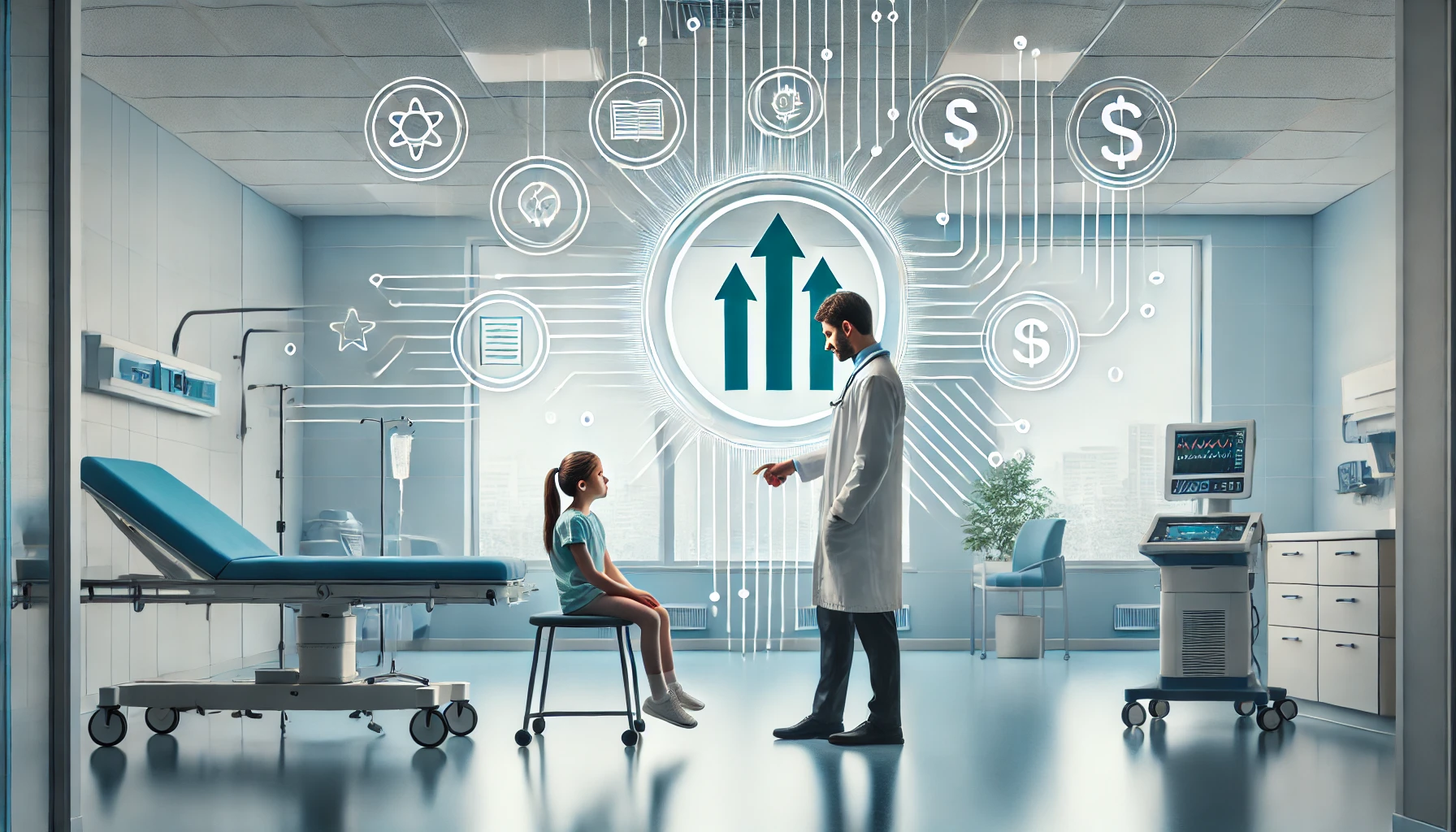 In a modern hospital, a speech pathologist is conducting a therapy session with a young patient. The background subtly includes icons of career growth Professional speech pathologist at work in a hospital setting, with symbols representing career growth and salary increase.