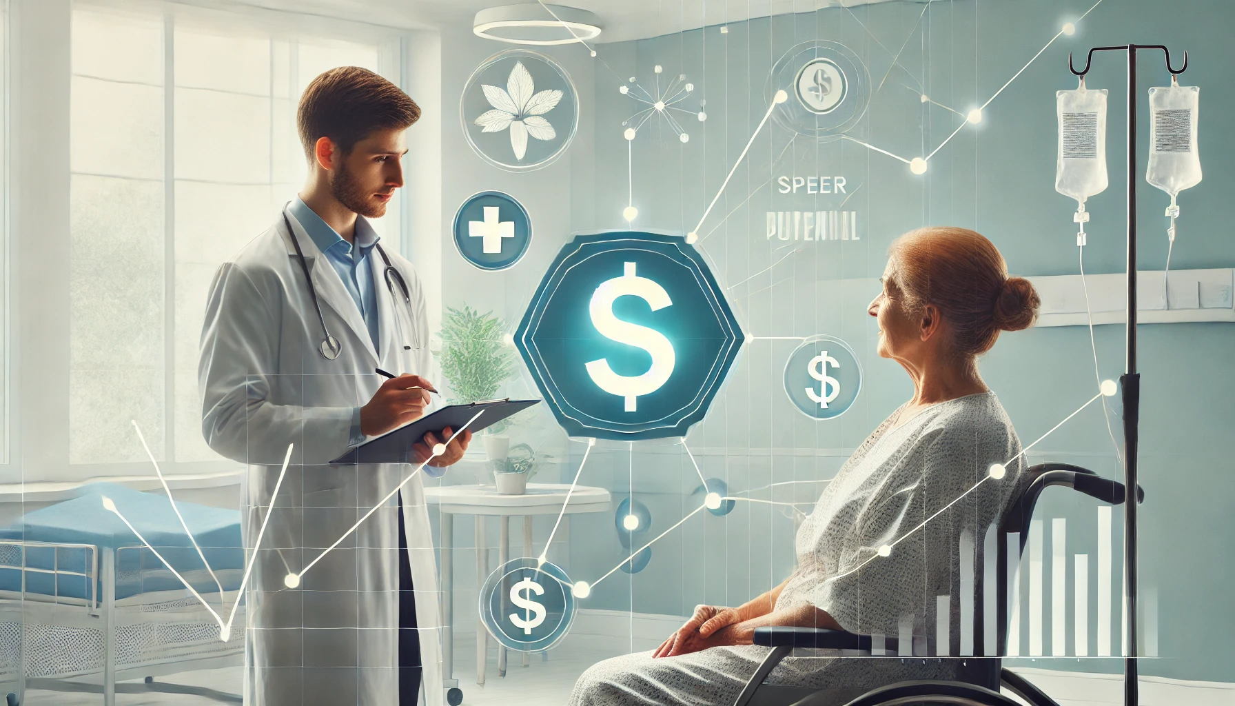 In a clean, modern hospital environment, a speech pathologist works with an adult patient, with subtle background symbols like graphs and dollar signs Speech pathologist assessing a patient's progress, highlighting the career's salary potential in a clean healthcare environment.