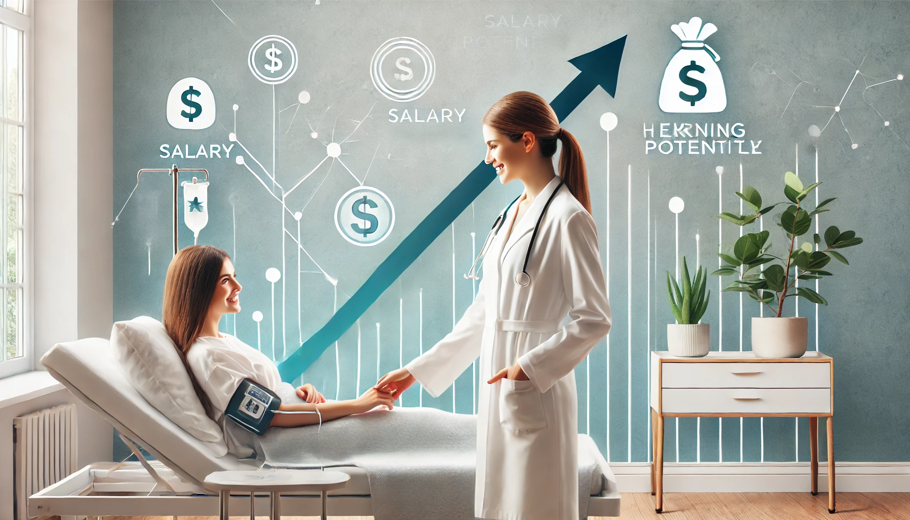 A professional speech pathologist in a modern hospital setting, providing therapy to a patient. The background includes subtle symbols of salary growt Modern hospital scene with a speech pathologist, subtly showcasing elements of salary increase and career advancement.