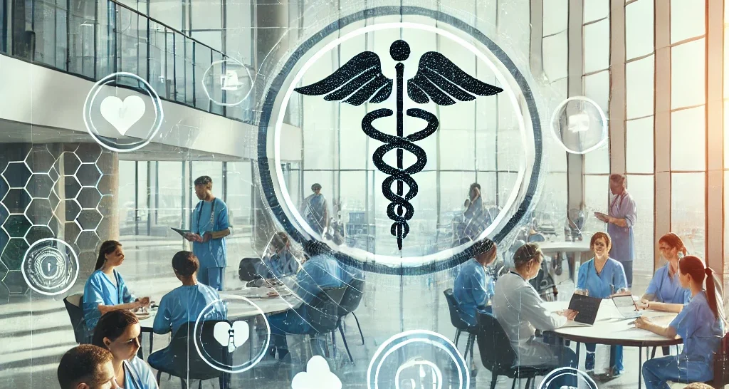 Generate an image in a modern hospital setting with healthcare professionals engaged in their roles, with subtle symbols of career advancement like fa Healthcare professionals in a clean, modern hospital setting, with subtle symbols of career advancement in the background, perfect for a healthcare salary negotiation blog.