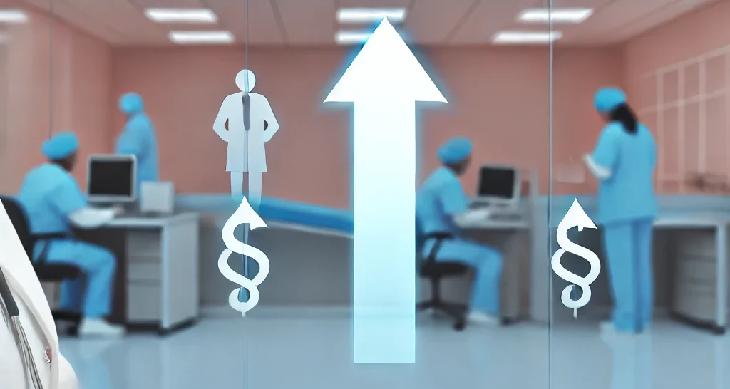 Create an image in a modern hospital environment with healthcare professionals actively working, featuring subtle symbols of career growth, like upwar Healthcare professionals working in a modern hospital setting, with subtle career growth icons to emphasize high earning potential, ideal for a healthcare salary negotiation blog