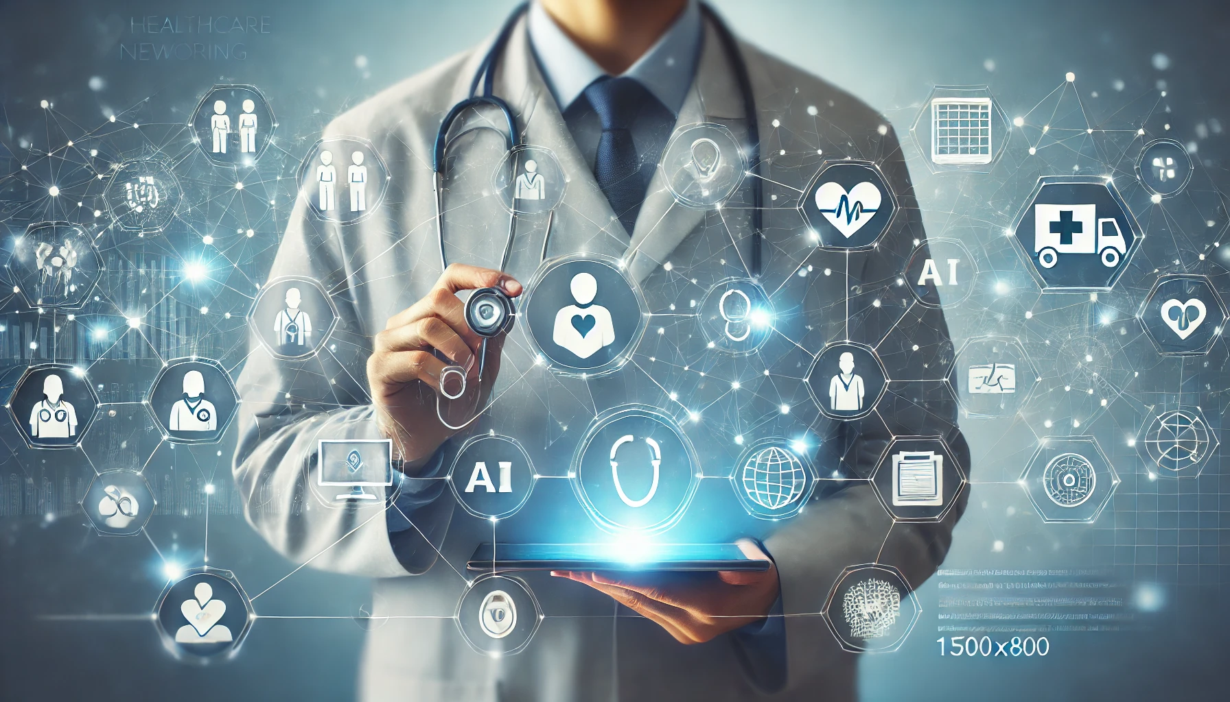 Professional image depicting healthcare networking. Visualize a digital network map with interconnected healthcare professionals and technology icons Healthcare Networking Strategies