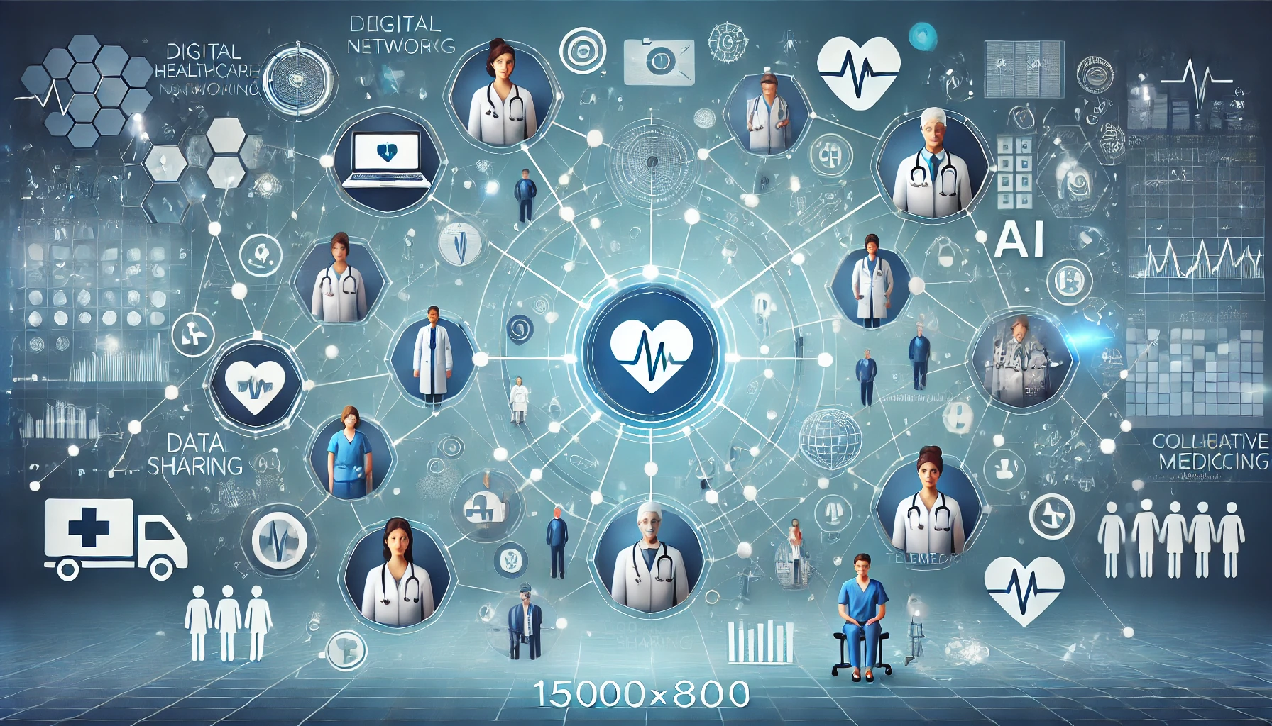 Modern healthcare networking concept image with a digital network map showing healthcare professionals connected through various technology icons like Healthcare Networking Strategies