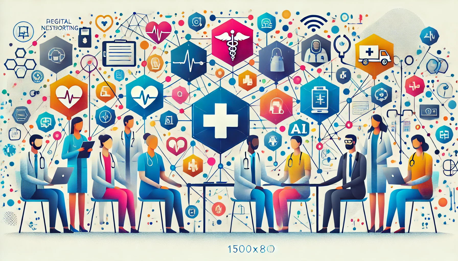 Stylized professional image representing healthcare networking. Show healthcare professionals in abstract forms connected by lines, surrounded by icon Healthcare Networking Strategies
