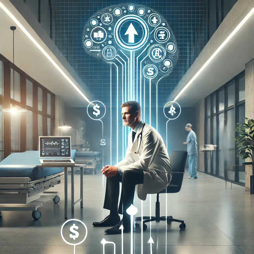 Generate a modern, professional hospital setting image featuring a psychiatrist in action, with subtle symbols representing career growth, such as gra raise psychiatrist salary.