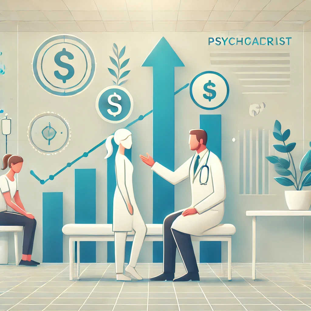 Create a professional image set in a modern hospital, showcasing a psychiatrist interacting with a patient in a clean and appealing setting. The backg Modern hospital scene with psychiatrist in action, symbolizing career growth opportunities to raise psychiatrist salary.