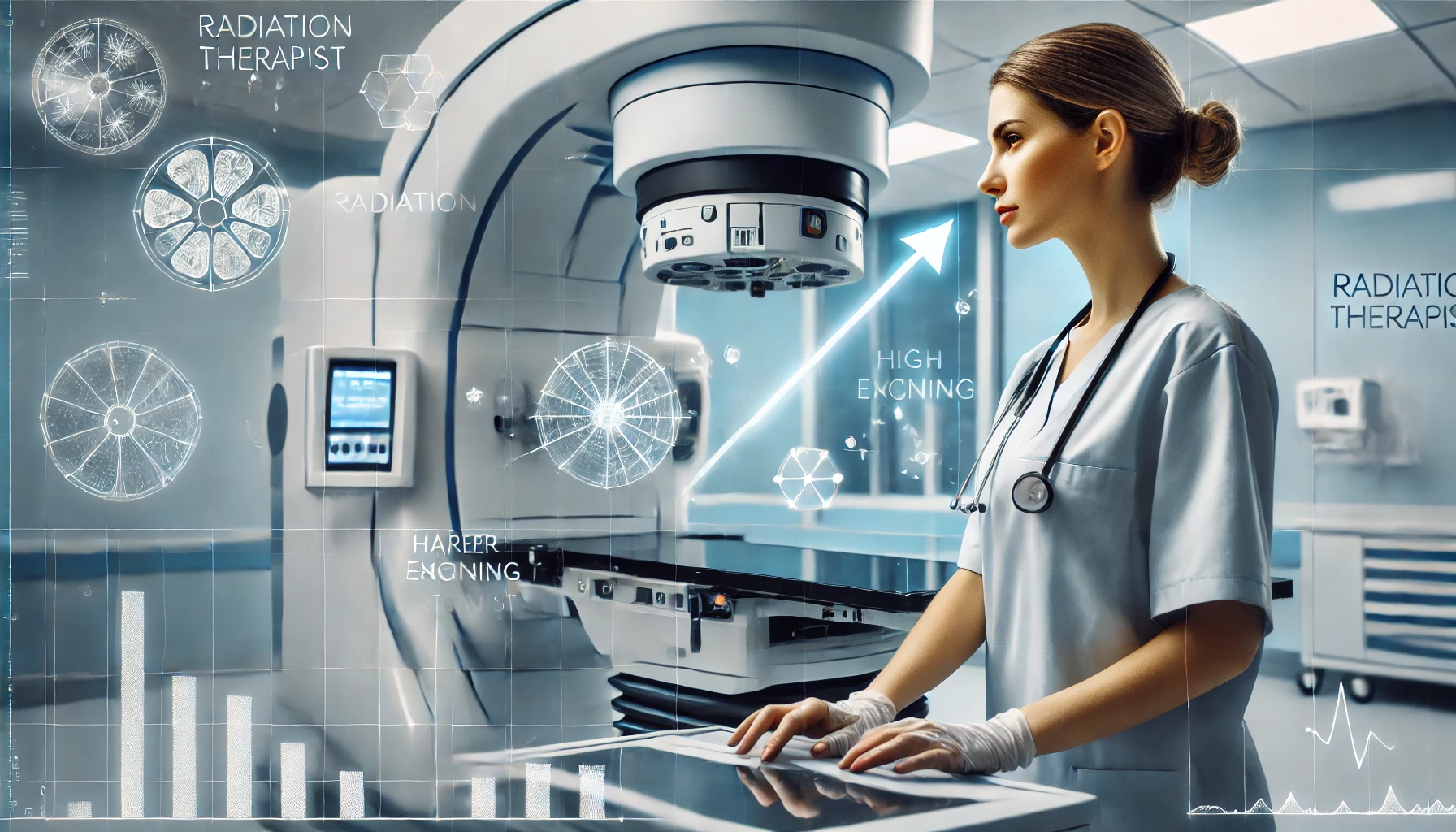 DALL·E 2024-11-07 18.41.30 - A professional image of a radiation therapist in a modern hospital setting, engaged in action, working with high-tech medical equipment. The backgroun