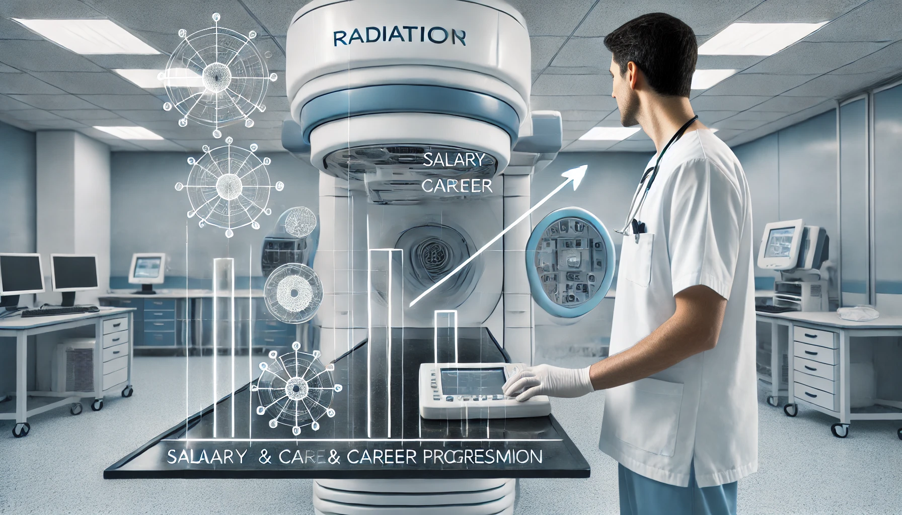DALL·E 2024-11-07 18.42.31 - A professional image of a radiation therapist in a modern, high-tech hospital setting. The therapist is interacting with advanced radiation equipment,