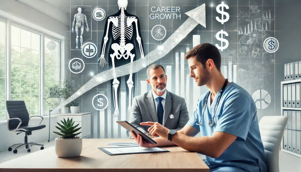 An orthopedic surgeon negotiating a contract, emphasizing the importance of strong negotiation skills for salary raises.