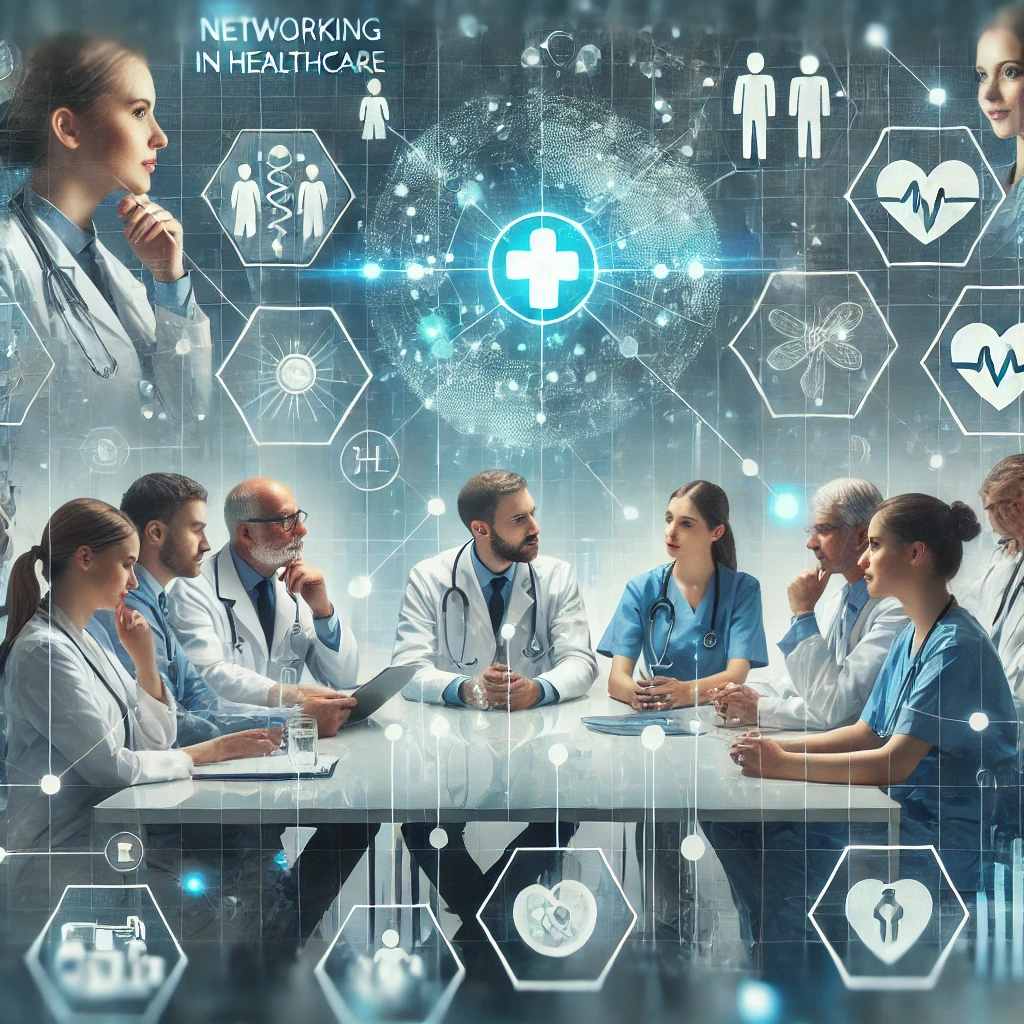 Collage showing healthcare networking activities, including conferences, online platforms, and mentorship programs.