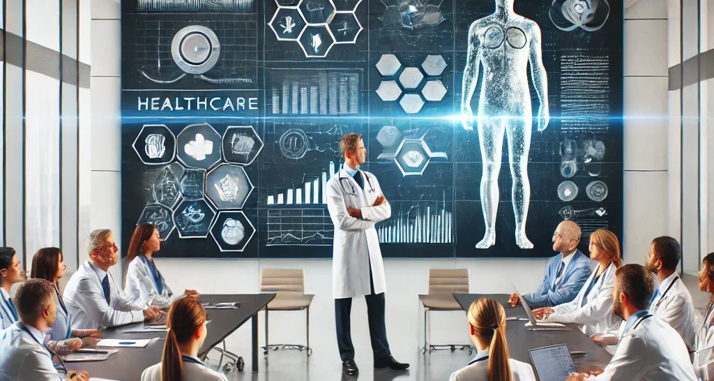 A diverse team of healthcare professionals in a modern conference room, led by a senior doctor presenting data on a large digital screen, demonstrating collaboration and leadership in a professional setting."