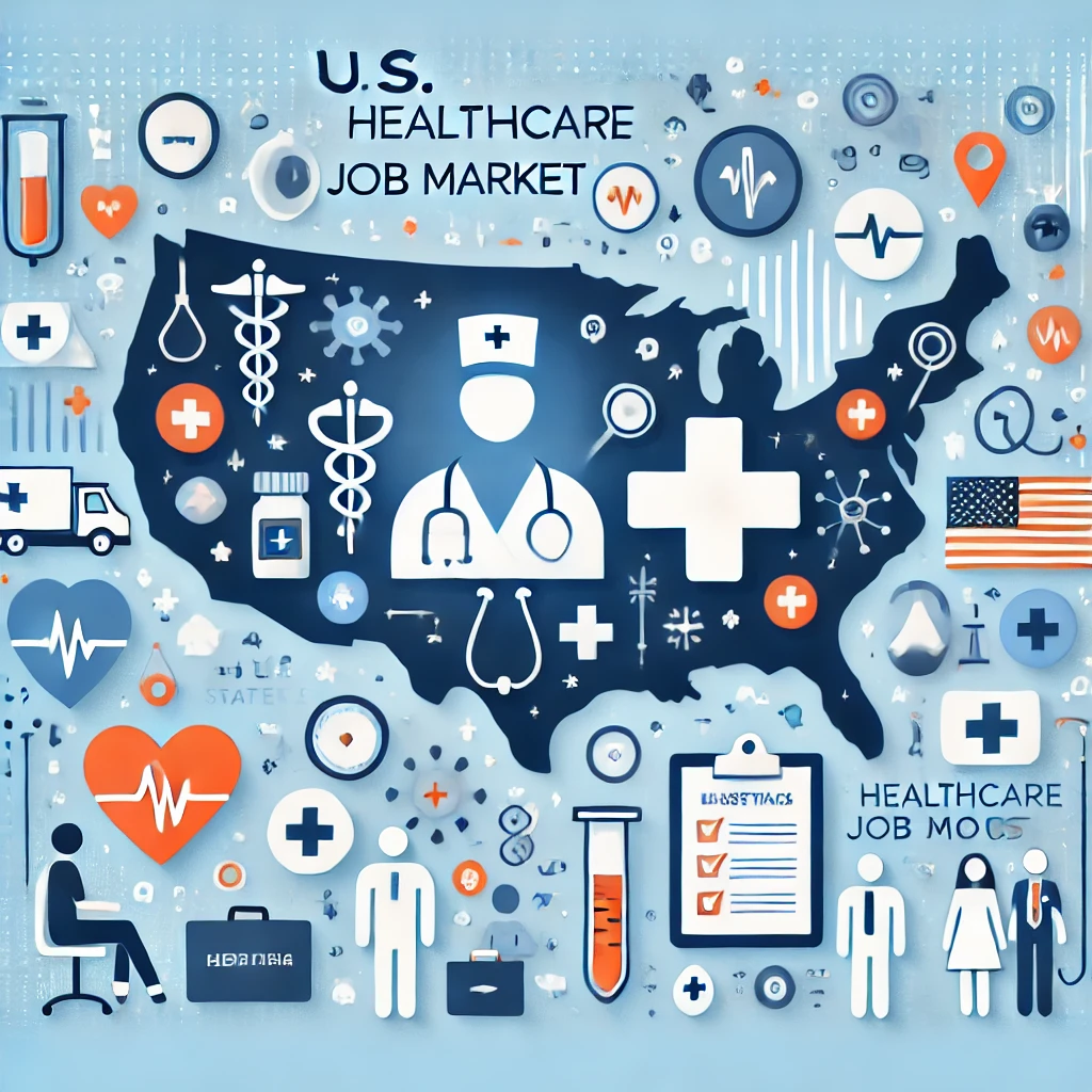 A visual representation of the U.S. healthcare job market, including symbols like a map of the United States, healthcare icons, and professional figur